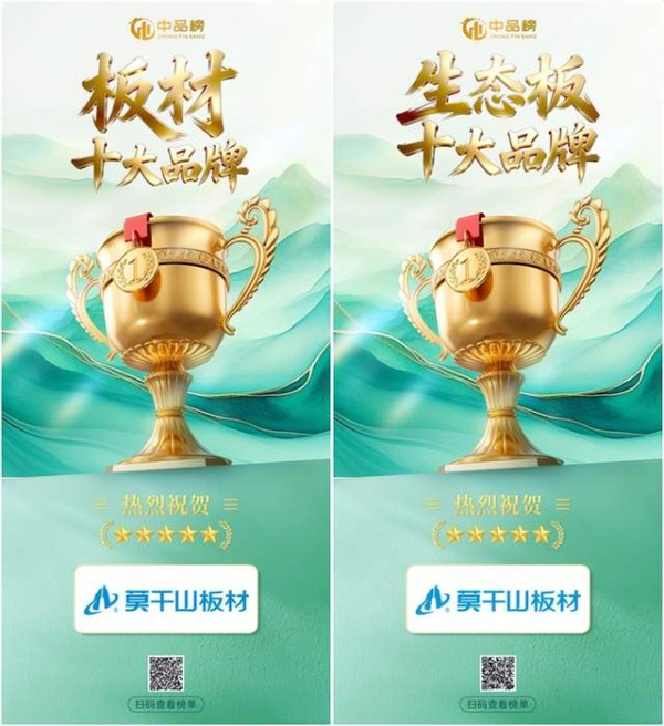 莫干山板材双冠加冕!蝉联“板材十大品牌”“生态板十大品牌”双项殊荣!